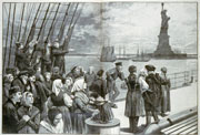 Immigrants by statue of Liberty in New York City - USA